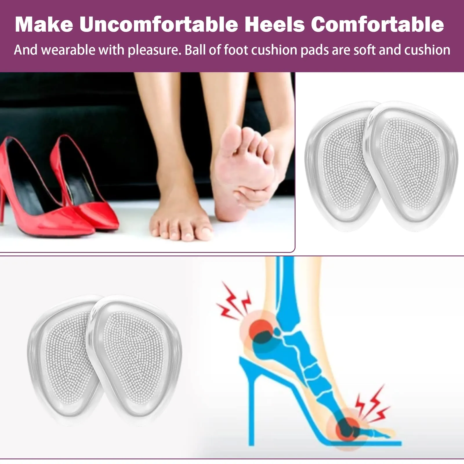 2 Pairs Metatarsal Pads, Gel Insoles for High Heels, Ball of Foot Cushion Pads, High Heel Cushion Insert for Foot Pain Relief