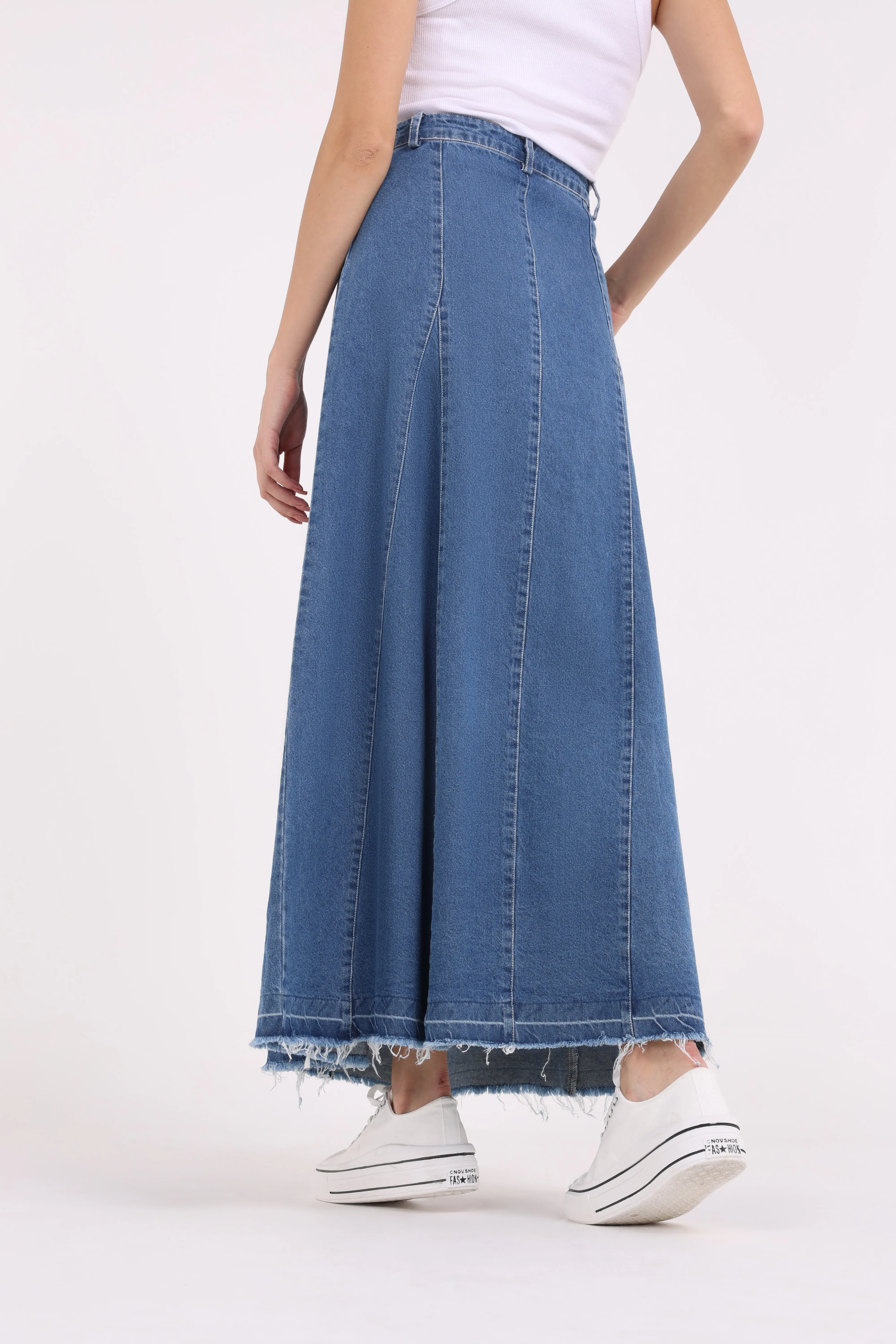 2401008-Belted Ruffled Waist Denim Maxi Skirt
