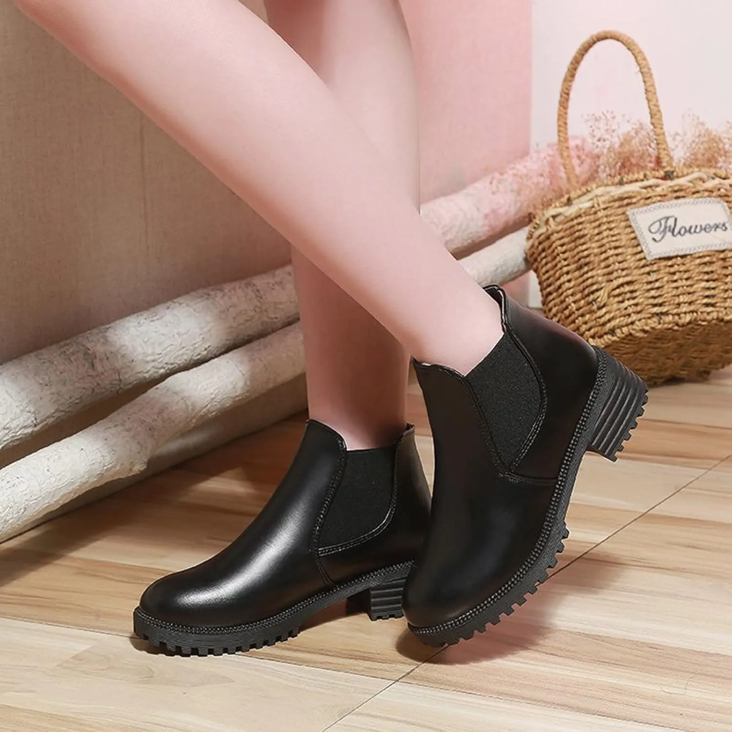 Ankle Boots for Women Square Toe Booties for Women Womens Suede Ankle Boots Short Walking Boot Fashion Closed Head Slip on Pointed Toe Chunky Stacked Heel
