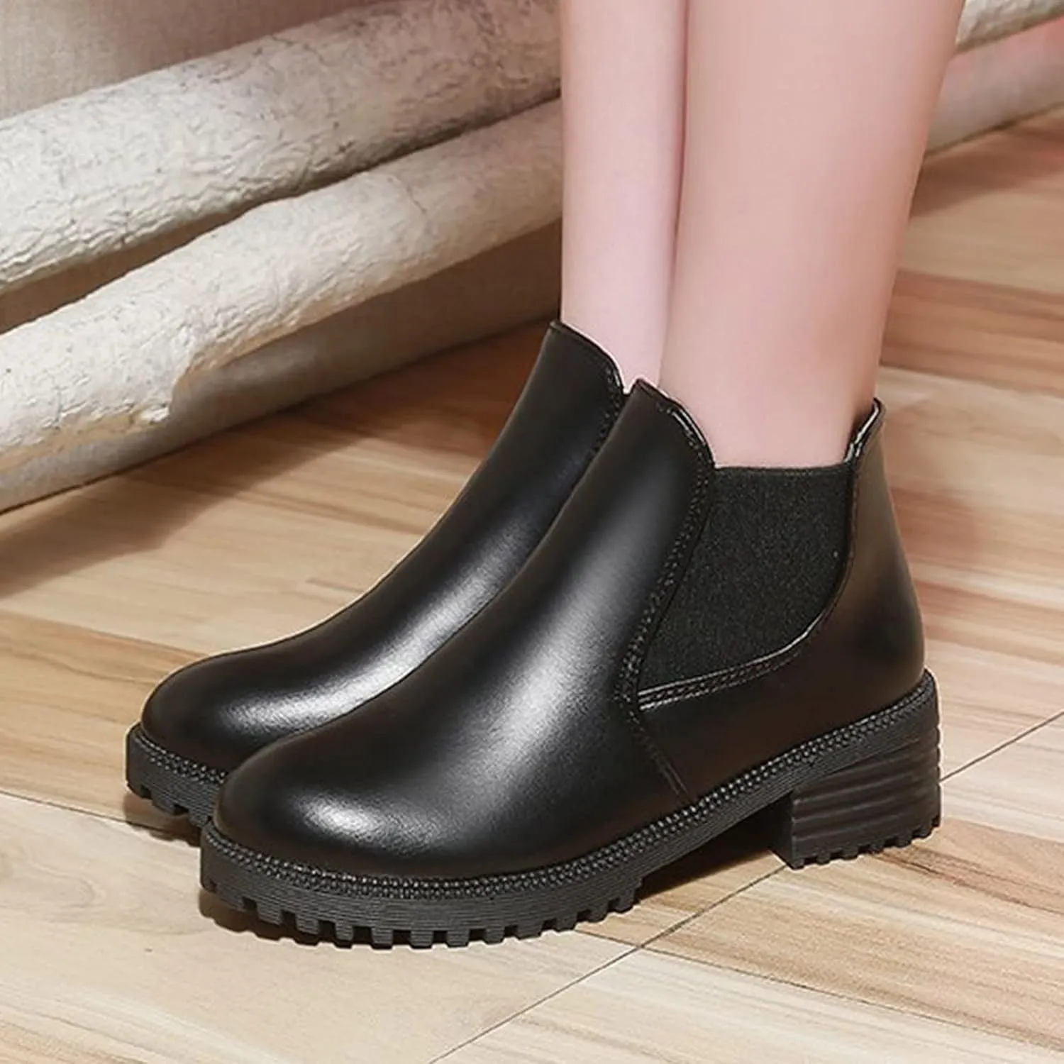 Ankle Boots for Women Square Toe Booties for Women Womens Suede Ankle Boots Short Walking Boot Fashion Closed Head Slip on Pointed Toe Chunky Stacked Heel