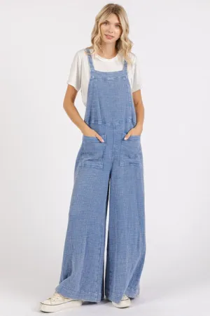 Blue Textured Wide Leg Overalls