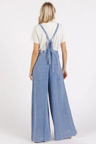 Blue Textured Wide Leg Overalls