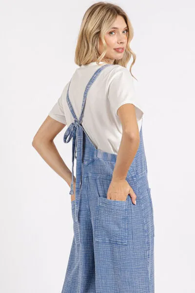 Blue Textured Wide Leg Overalls