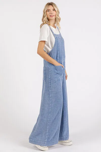 Blue Textured Wide Leg Overalls