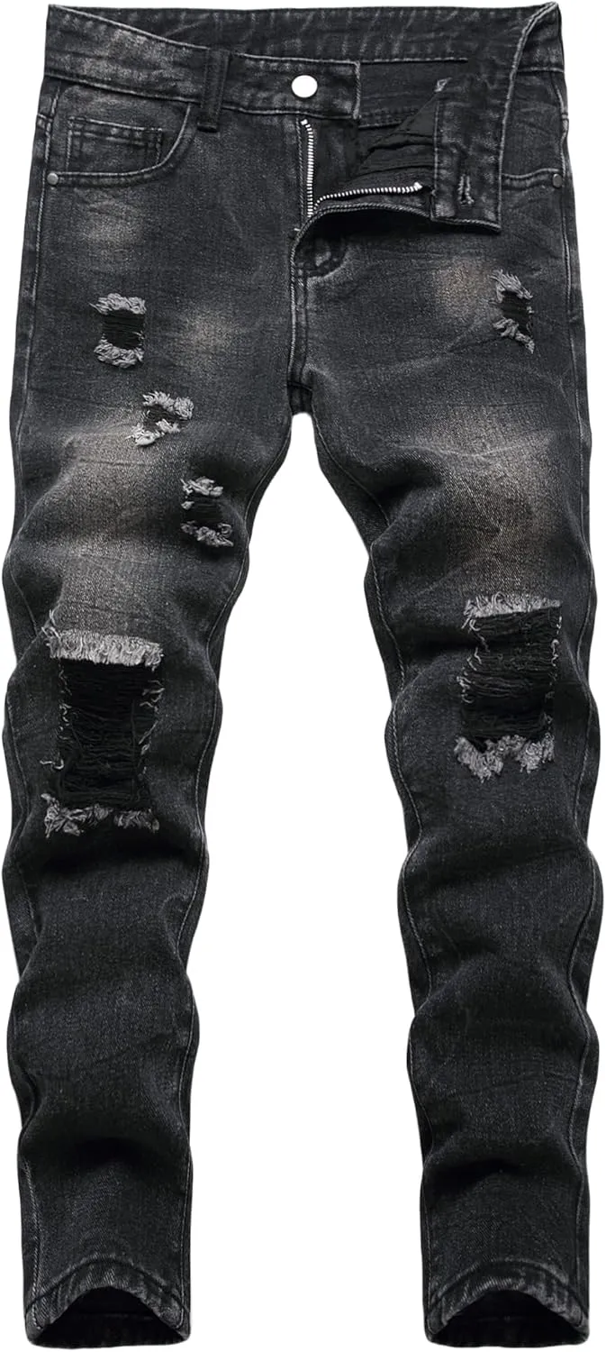 Boy's Skinny Fit Ripped Destroyed Distressed Fashion Denim Jeans Pants