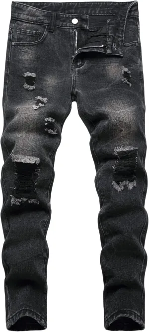 Boy's Skinny Fit Ripped Destroyed Distressed Fashion Denim Jeans Pants