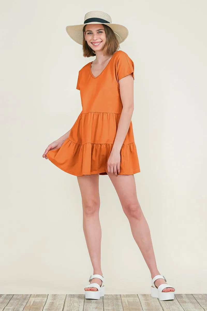 Casual Ruffle layred Babydoll V Neck Loose Mini Cotton Dress by RolyPoly Apparel