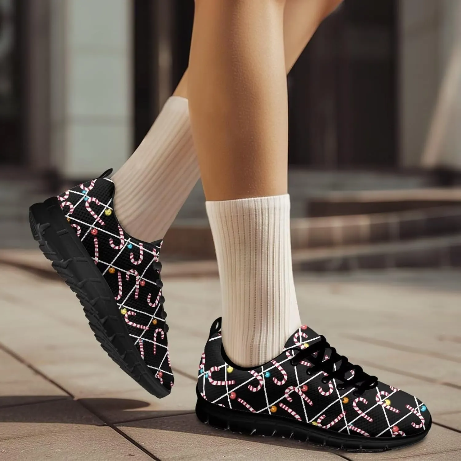 Christmas Sneakers for Women Flat Cozy Lace Up Low-Top Anti-Slip Workout Running Sneakers for Ladies Outdoor Exercise Hiking Shoes for Teen Girls US 5-12
