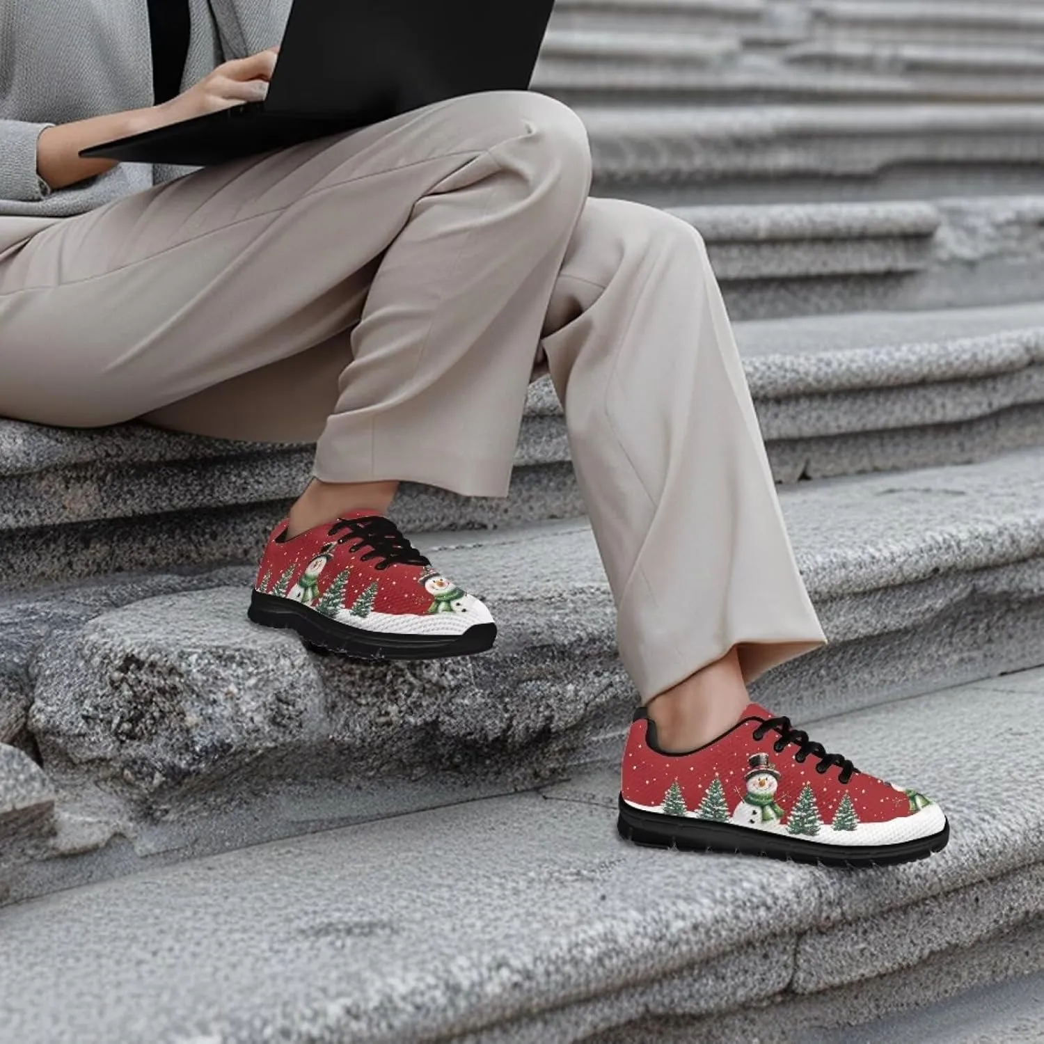 Christmas Sneakers for Women Flat Cozy Lace Up Low-Top Outdoor Gym Sneakers for Ladies Anti-Slip Workout Exercise Hiking Shoes for Teen Girls US 5-12