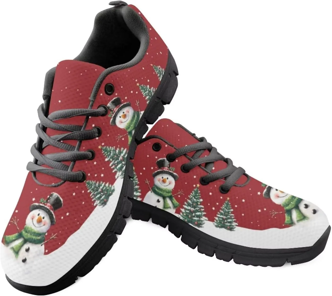 Christmas Sneakers for Women Flat Cozy Lace Up Low-Top Outdoor Gym Sneakers for Ladies Anti-Slip Workout Exercise Hiking Shoes for Teen Girls US 5-12