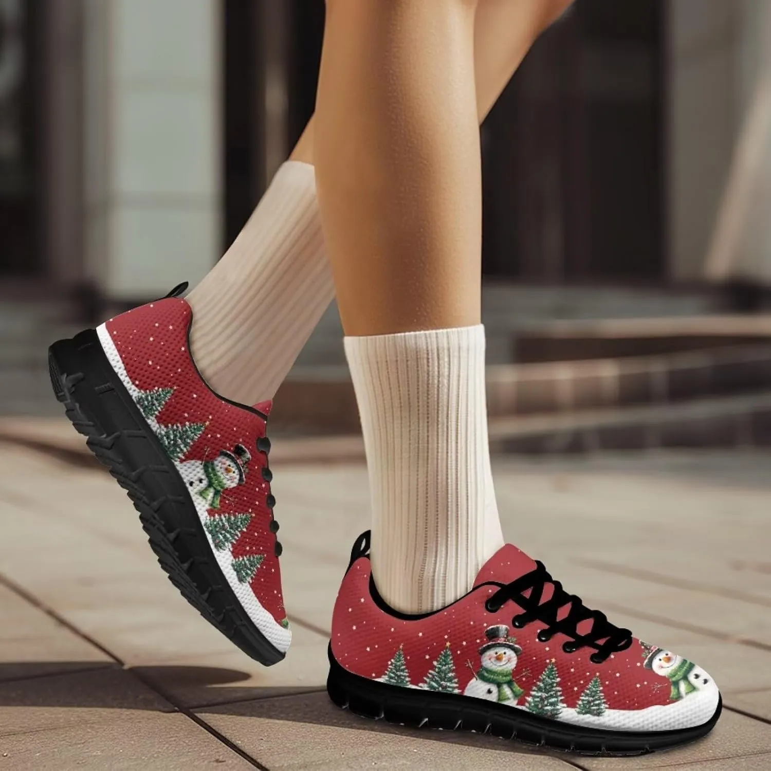 Christmas Sneakers for Women Flat Cozy Lace Up Low-Top Outdoor Gym Sneakers for Ladies Anti-Slip Workout Exercise Hiking Shoes for Teen Girls US 5-12