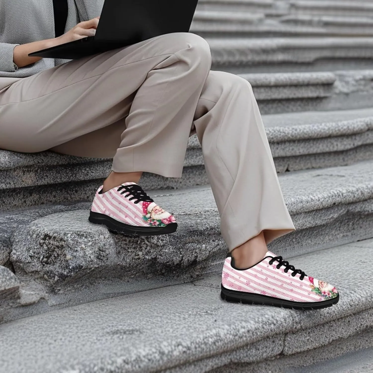 Christmas Sneakers for Women Flat Soft Low-Top Outdoor Running Sneakers for Ladies Lace-Up Non-Slip Workout Hiking Shoes for Teen Girls US 5-12