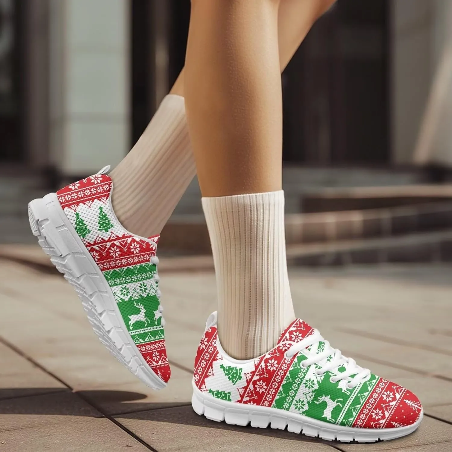 Christmas Women's Sneakers Lightweight Non-Slip Outdoor Walking Sneakers for Womens Cozy Flat Breathable Mesh Lace-Up Workout Tennis Shoes for Ladies Black US 5-12