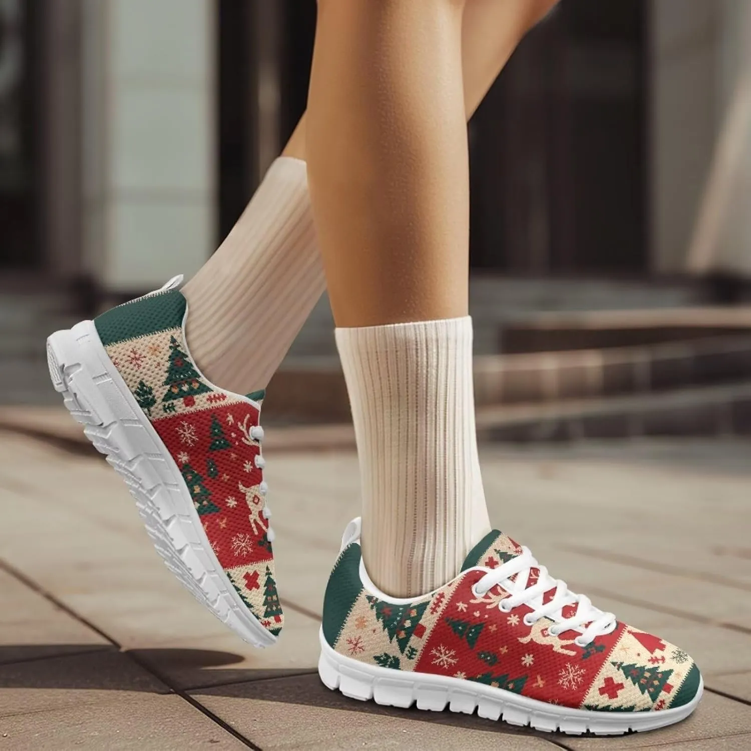 Christmas Women's Sneakers Soft Lightweight Anti-Skid Workout Tennis Sneakers for Womens Low-Top Lace-Up Outdoor Exercise Walking Shoes for Ladies US 5-12