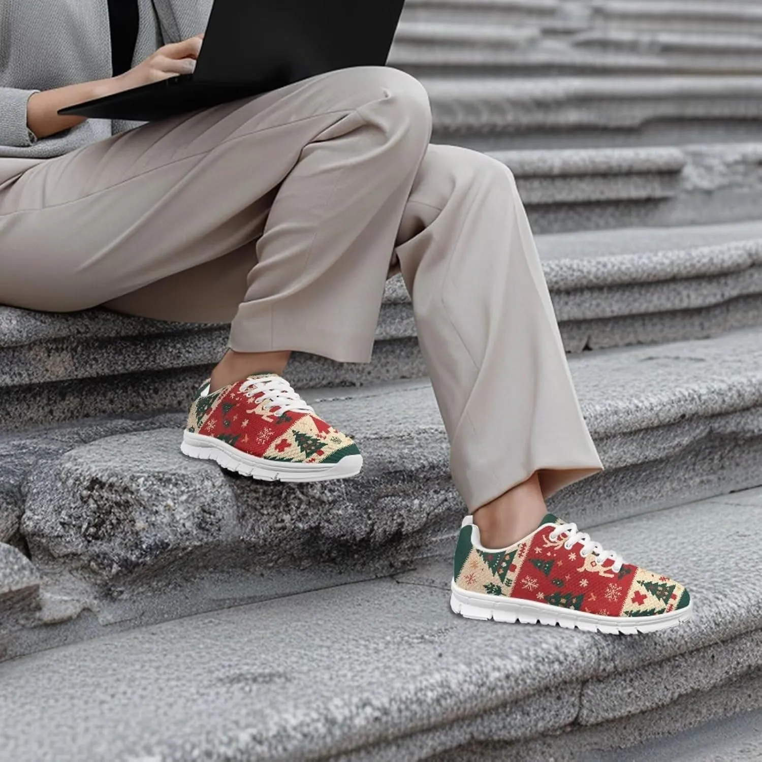 Christmas Women's Sneakers Soft Lightweight Anti-Skid Workout Tennis Sneakers for Womens Low-Top Lace-Up Outdoor Exercise Walking Shoes for Ladies US 5-12