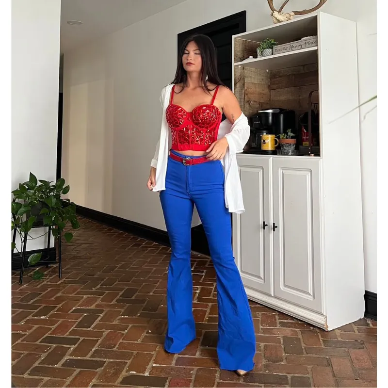 Fiona High Waisted Bell Bottom Flare Jeans - Royal Blue from Willow Boutique