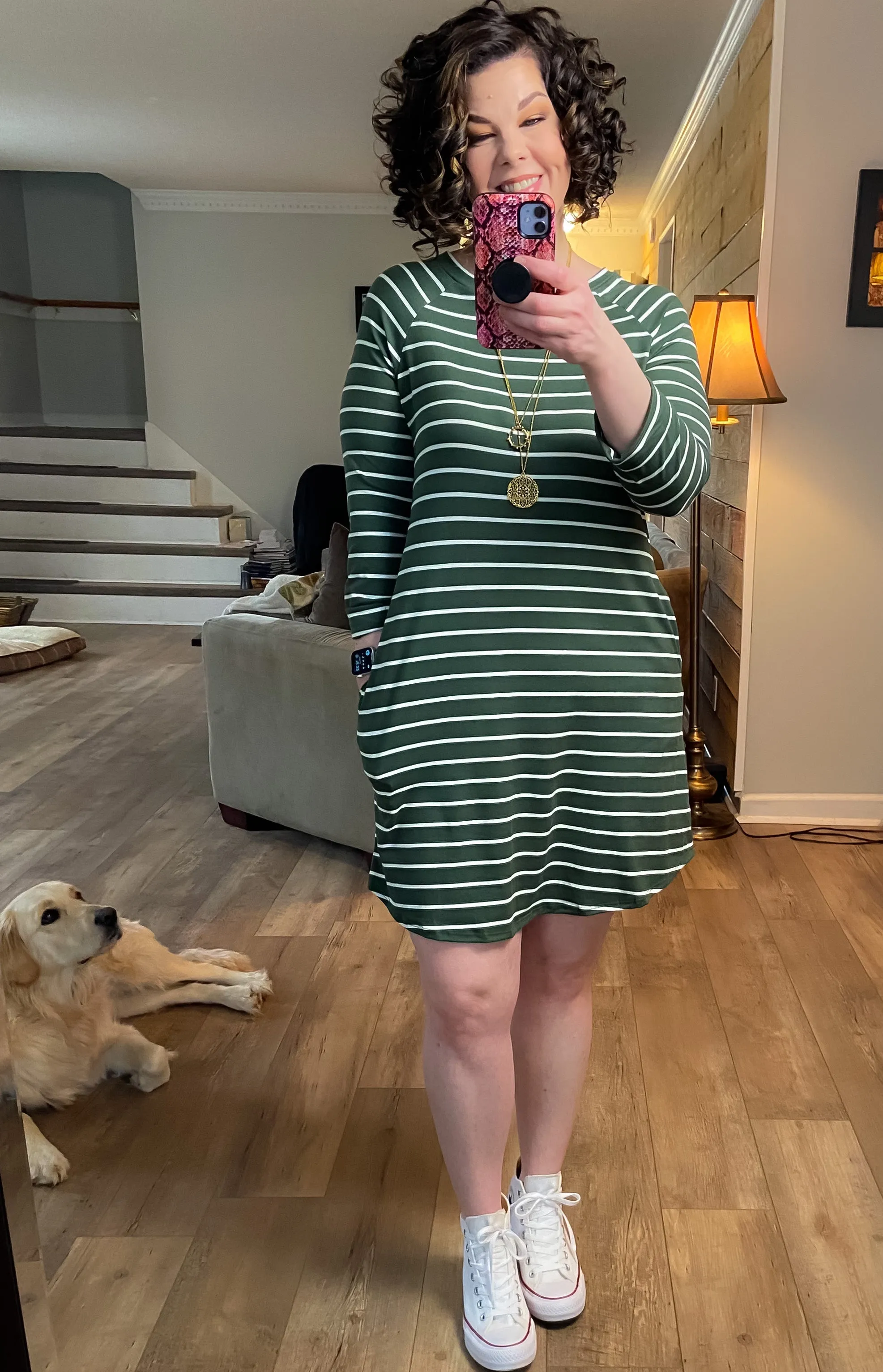 Harper Striped 3/4 Sleeve Dress Olive