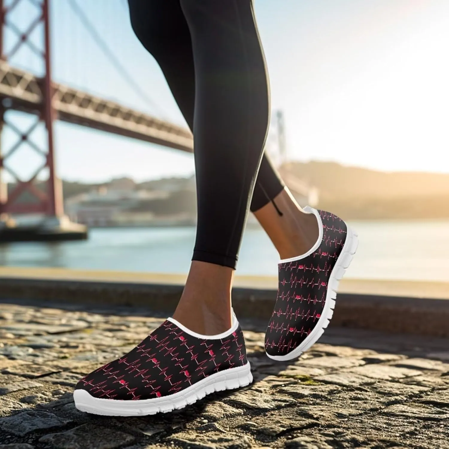 Heart Print Women's Running Shoes Slip On Sneakers Soft Loafers Low Top Non Slip Sports Walking Training Travel for Spring