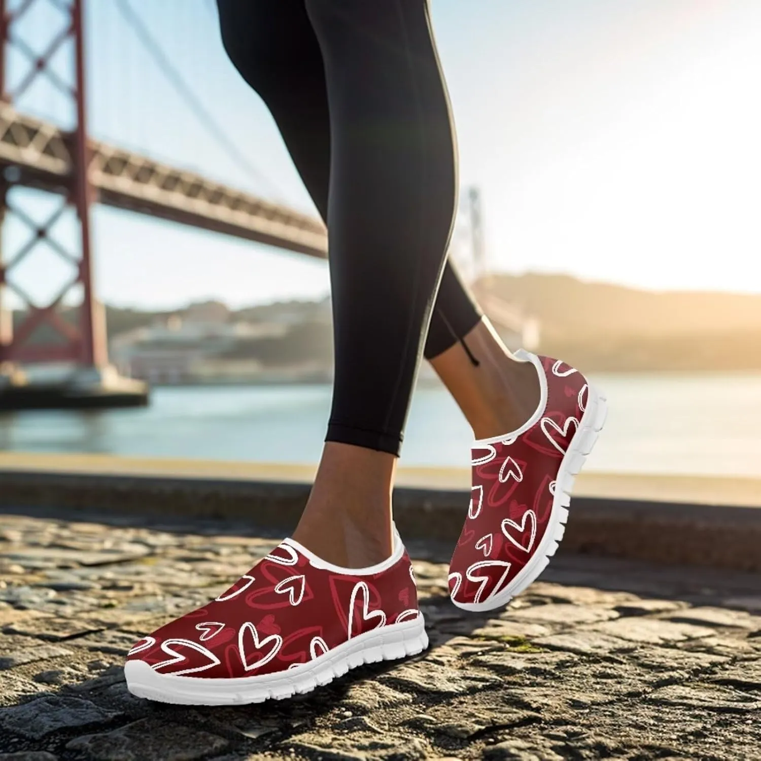 Heart Print Women's Running Shoes Slip On Sneakers Soft Loafers Low Top Non Slip Sports Walking Training Travel for Spring