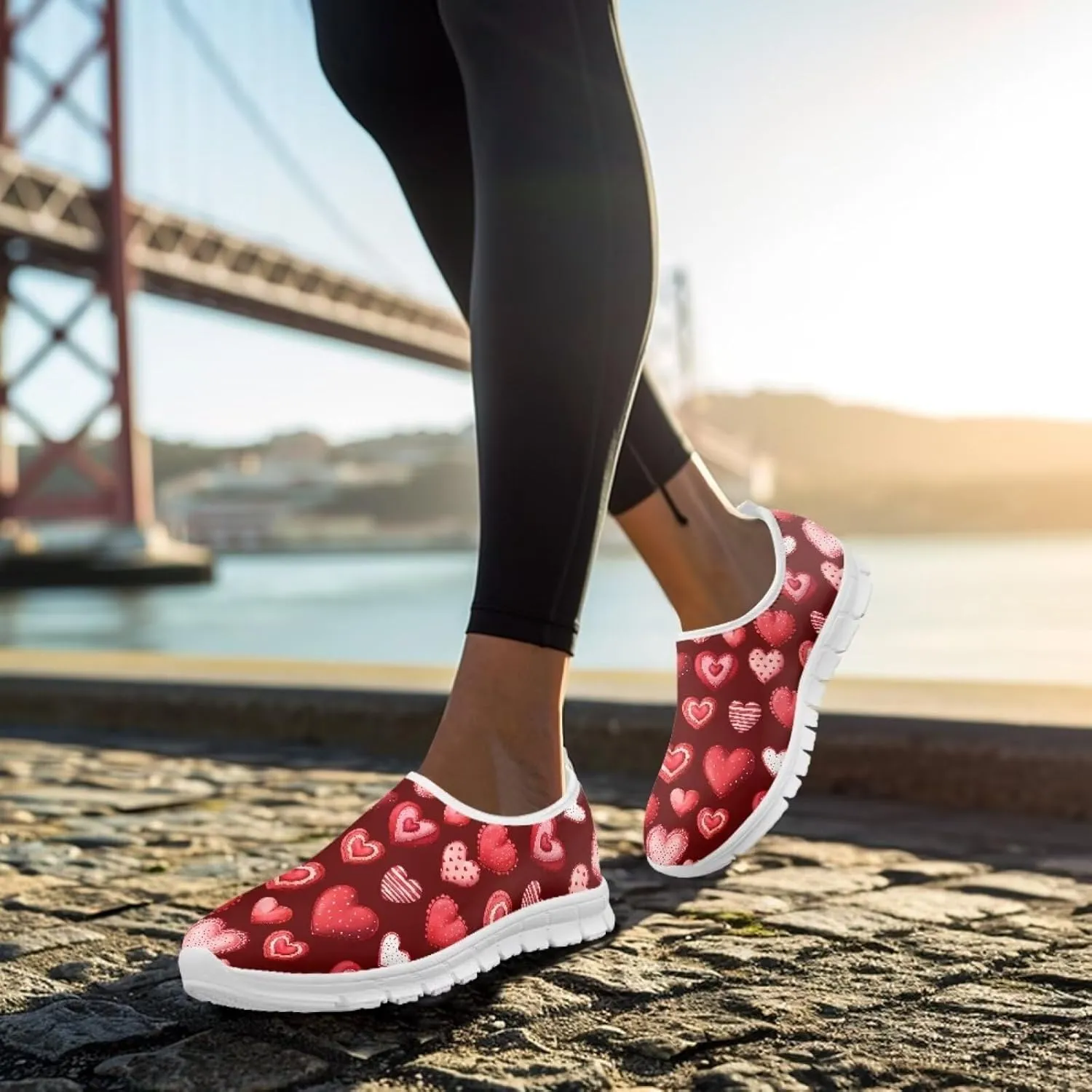 Heart Print Women's Running Shoes Slip On Sneakers Soft Loafers Low Top Non Slip Sports Walking Training Travel for Spring