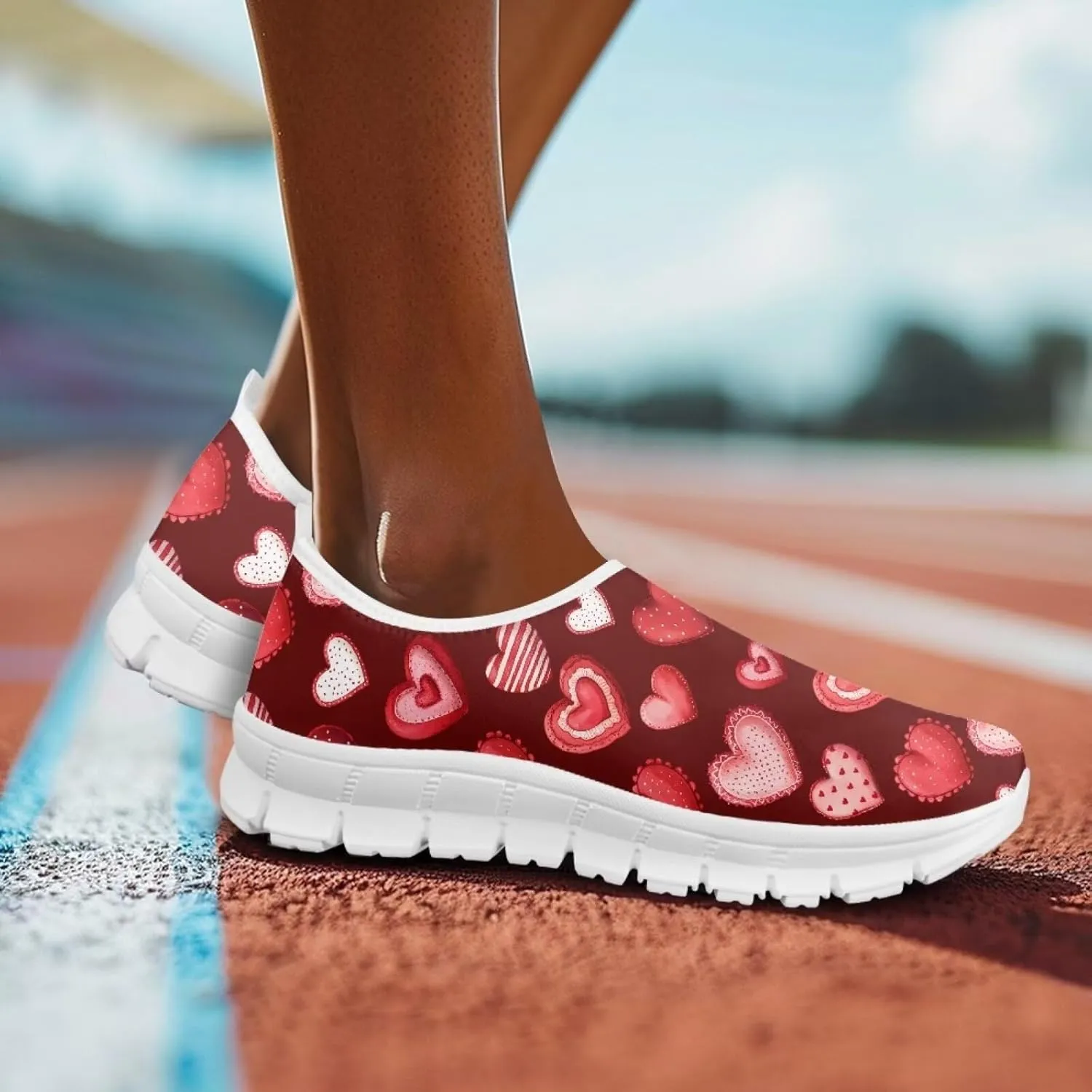 Heart Print Women's Running Shoes Slip On Sneakers Soft Loafers Low Top Non Slip Sports Walking Training Travel for Spring
