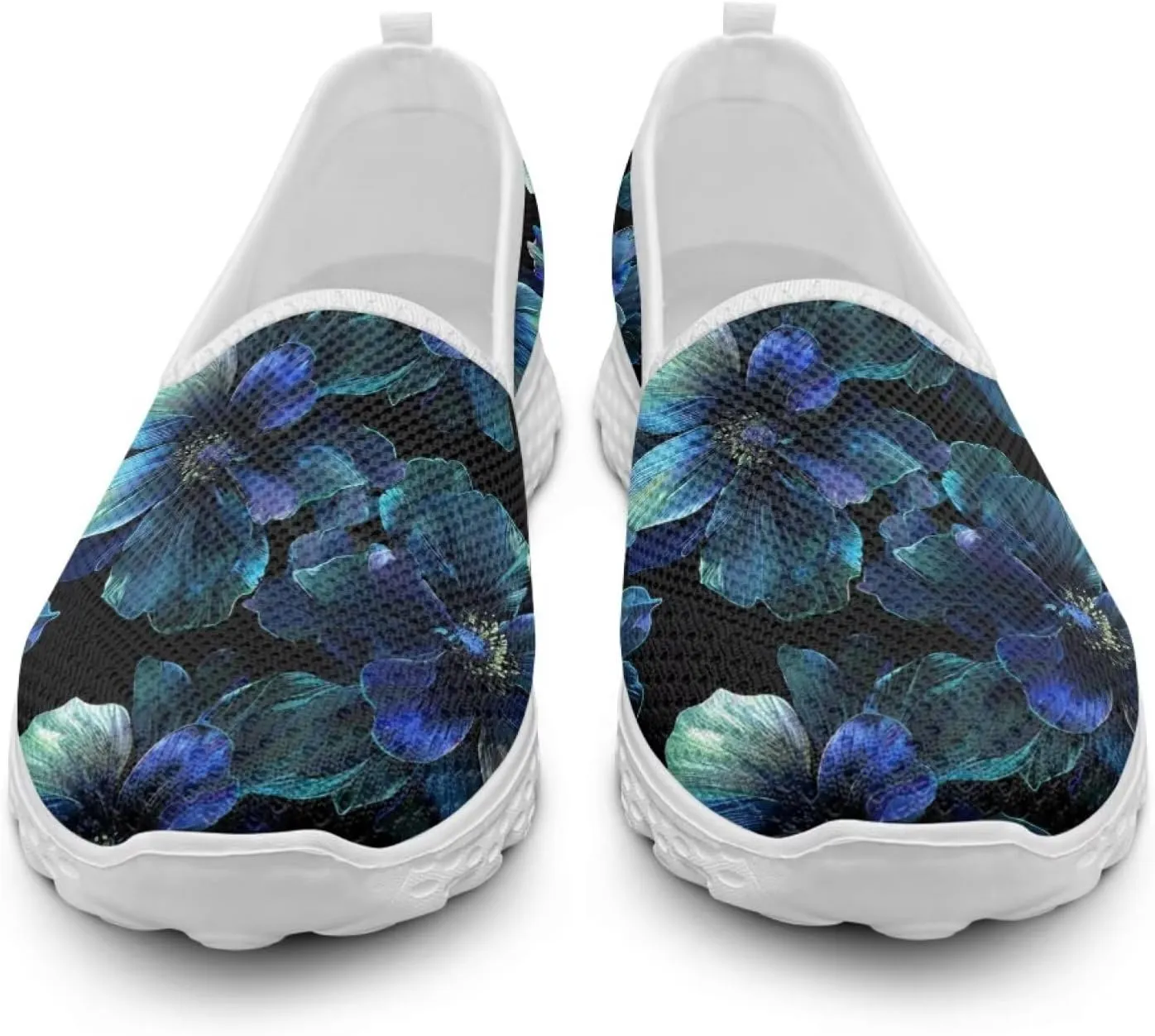 Jeiento Women's Slip-on Loafers Flower Walking Sneakers Mesh Breathable Sport Running Shoes Flat Low Top Casual Footwear
