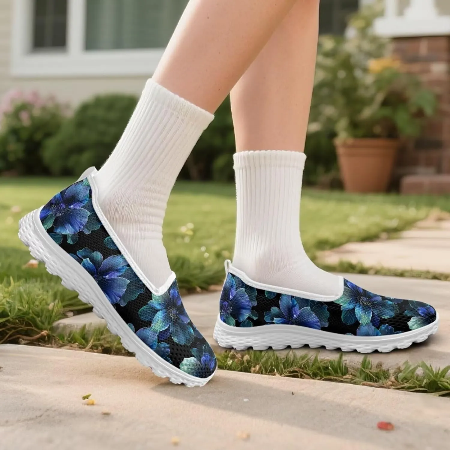 Jeiento Women's Slip-on Loafers Flower Walking Sneakers Mesh Breathable Sport Running Shoes Flat Low Top Casual Footwear