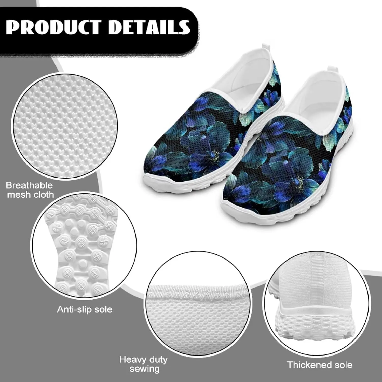 Jeiento Women's Slip-on Loafers Flower Walking Sneakers Mesh Breathable Sport Running Shoes Flat Low Top Casual Footwear