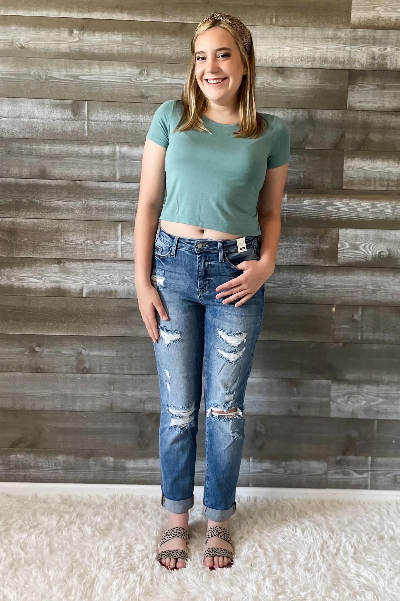 Judy Blue High Waist Cuffed Boyfriend Destroyed Jeans