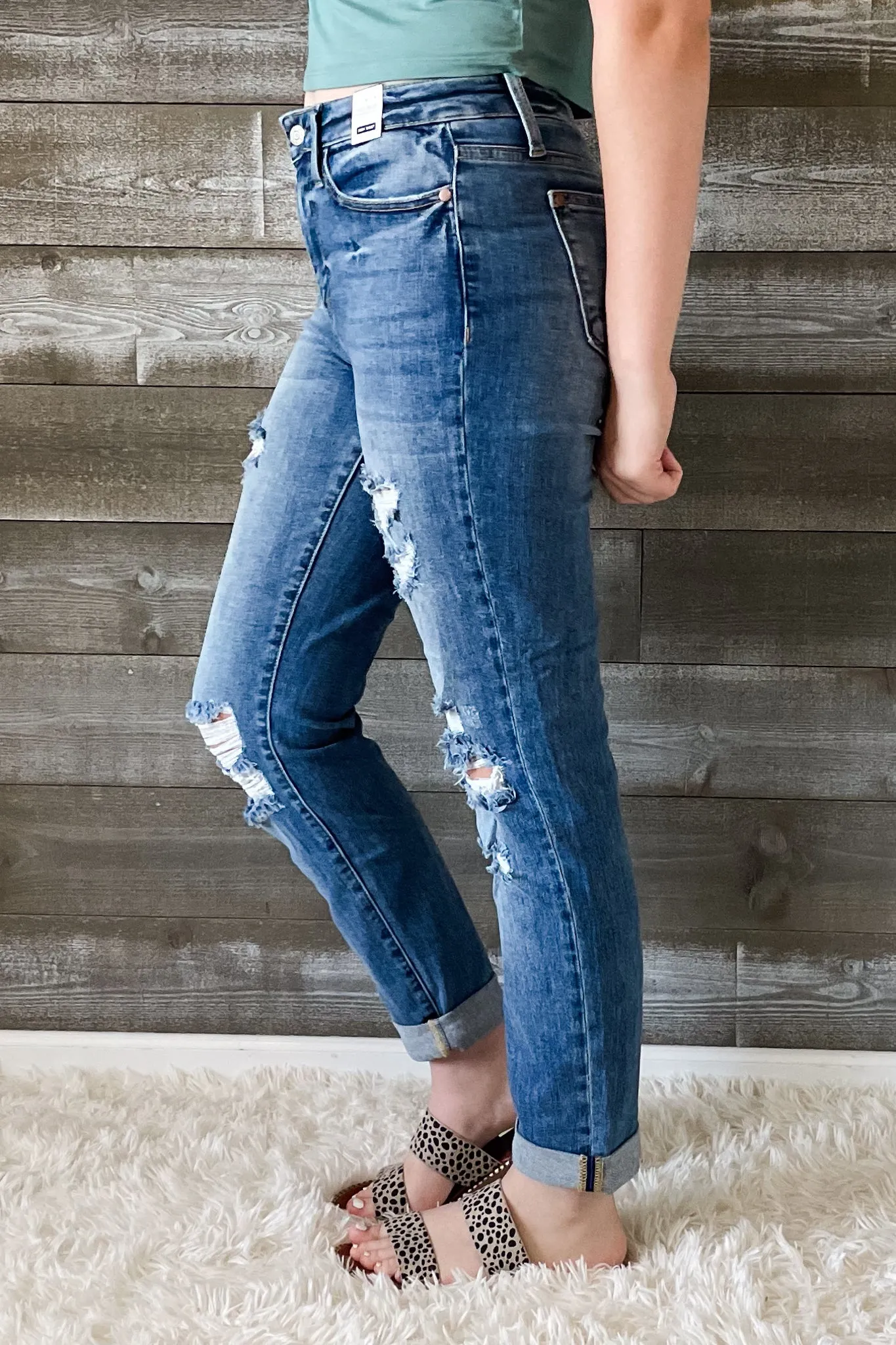 Judy Blue High Waist Cuffed Boyfriend Destroyed Jeans