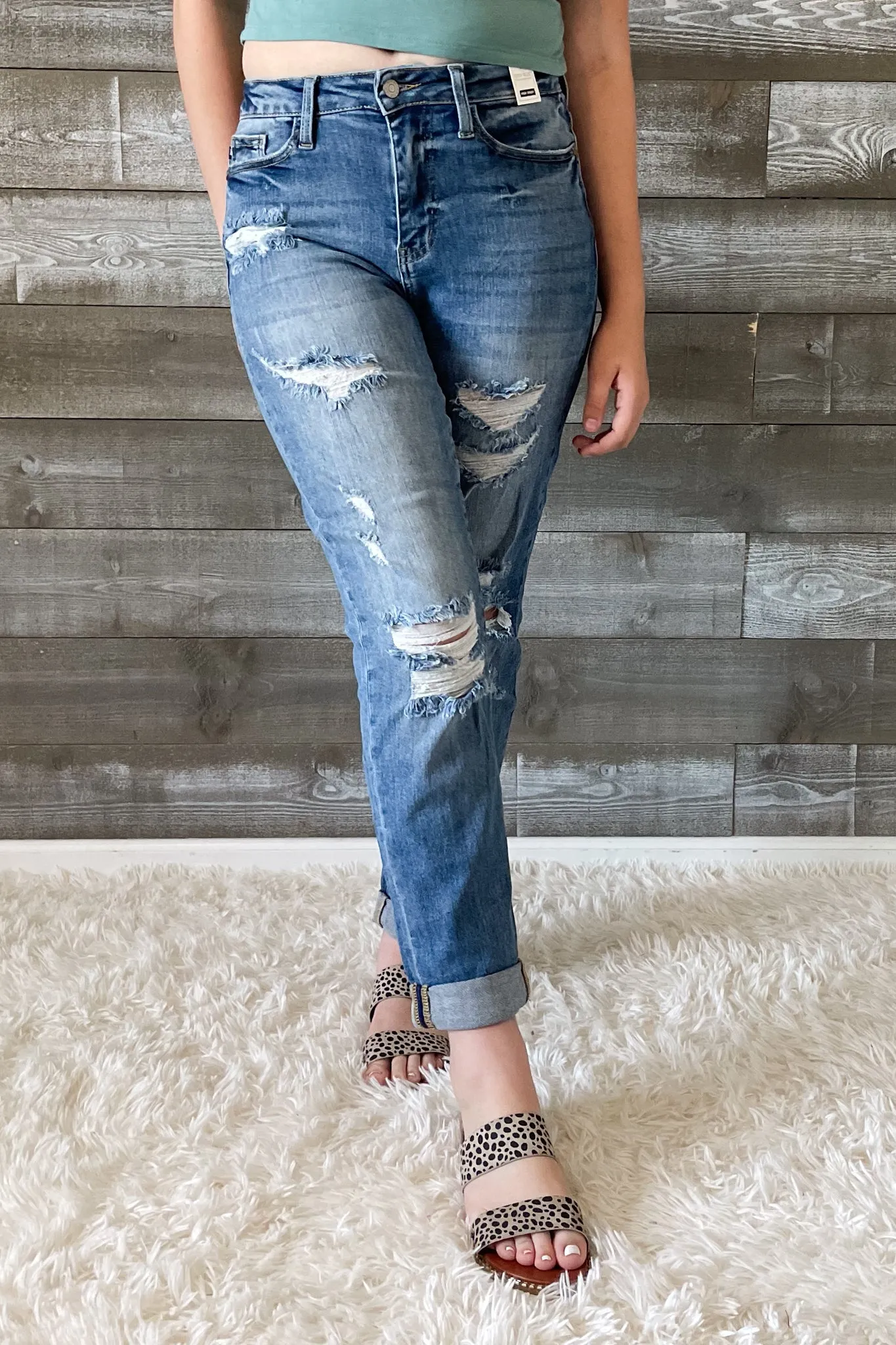 Judy Blue High Waist Cuffed Boyfriend Destroyed Jeans
