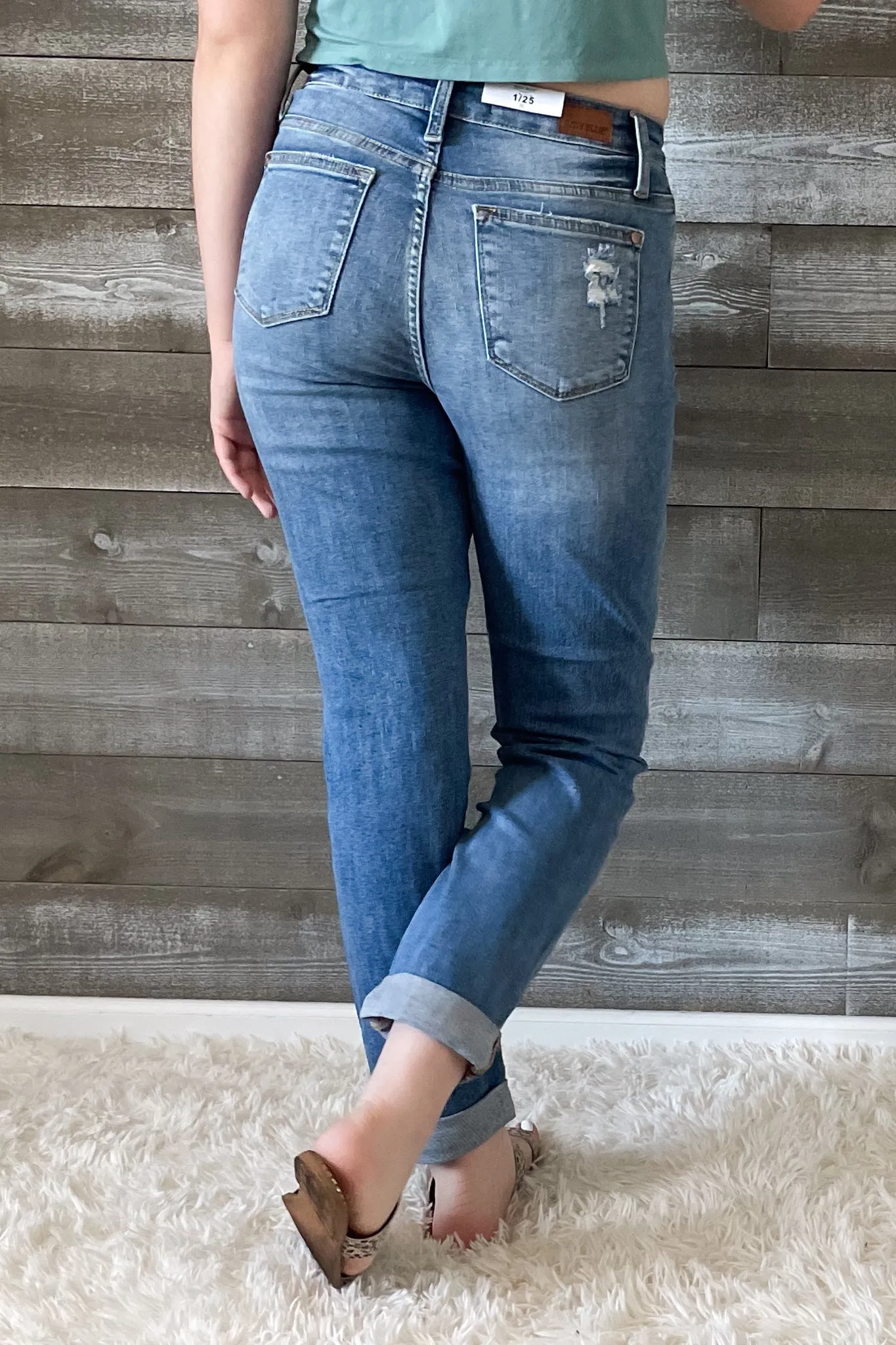 Judy Blue High Waist Cuffed Boyfriend Destroyed Jeans