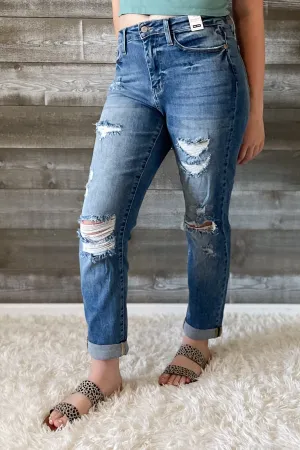 Judy Blue High Waist Cuffed Boyfriend Destroyed Jeans
