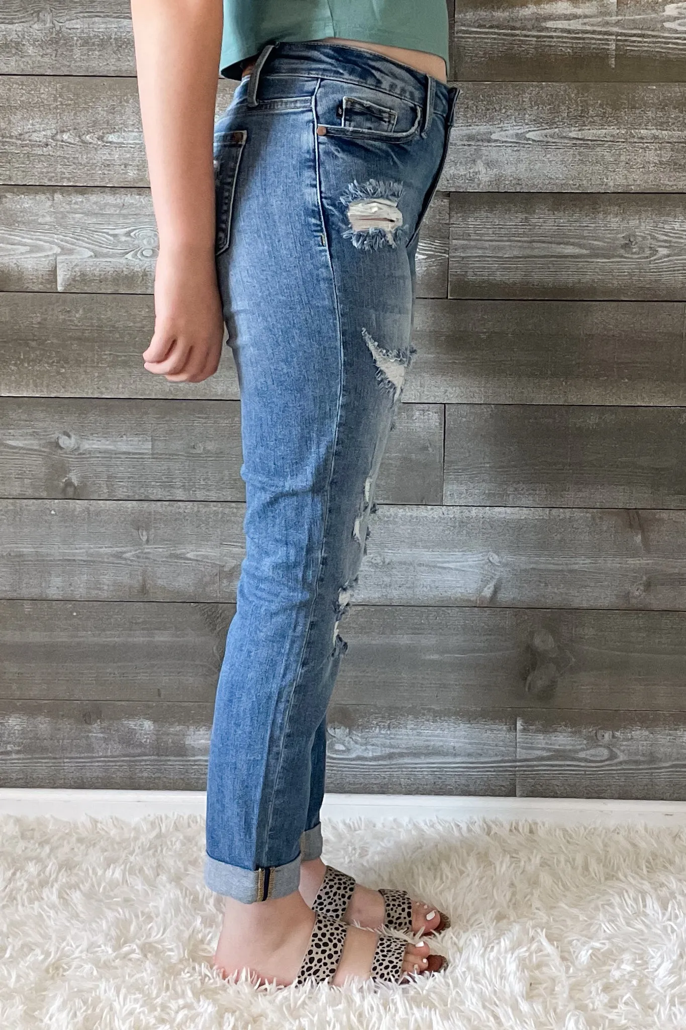 Judy Blue High Waist Cuffed Boyfriend Destroyed Jeans