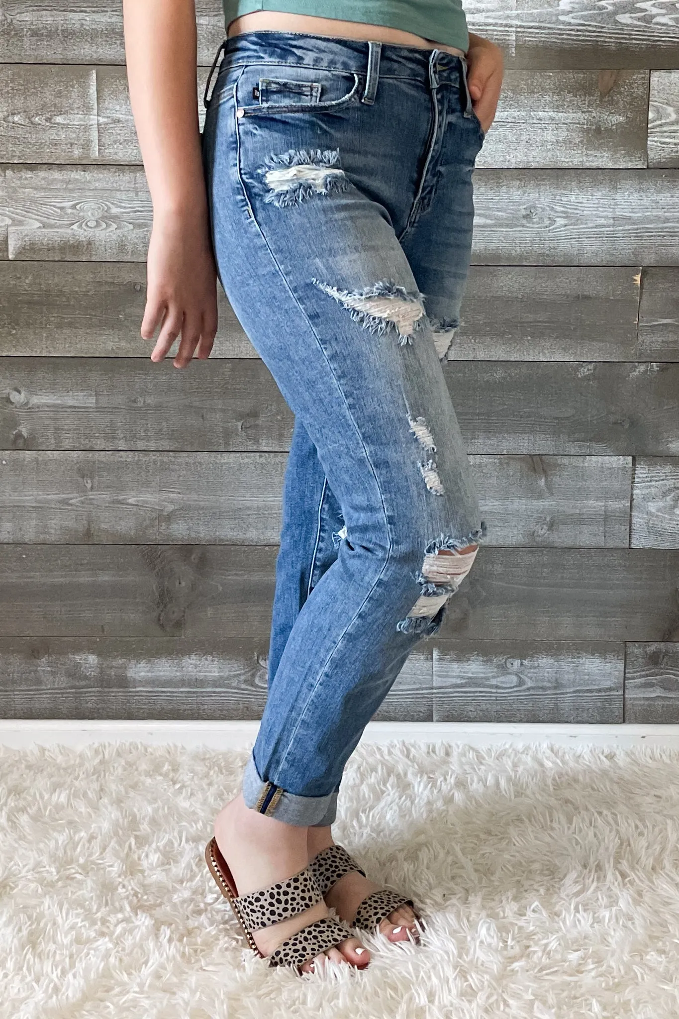 Judy Blue High Waist Cuffed Boyfriend Destroyed Jeans