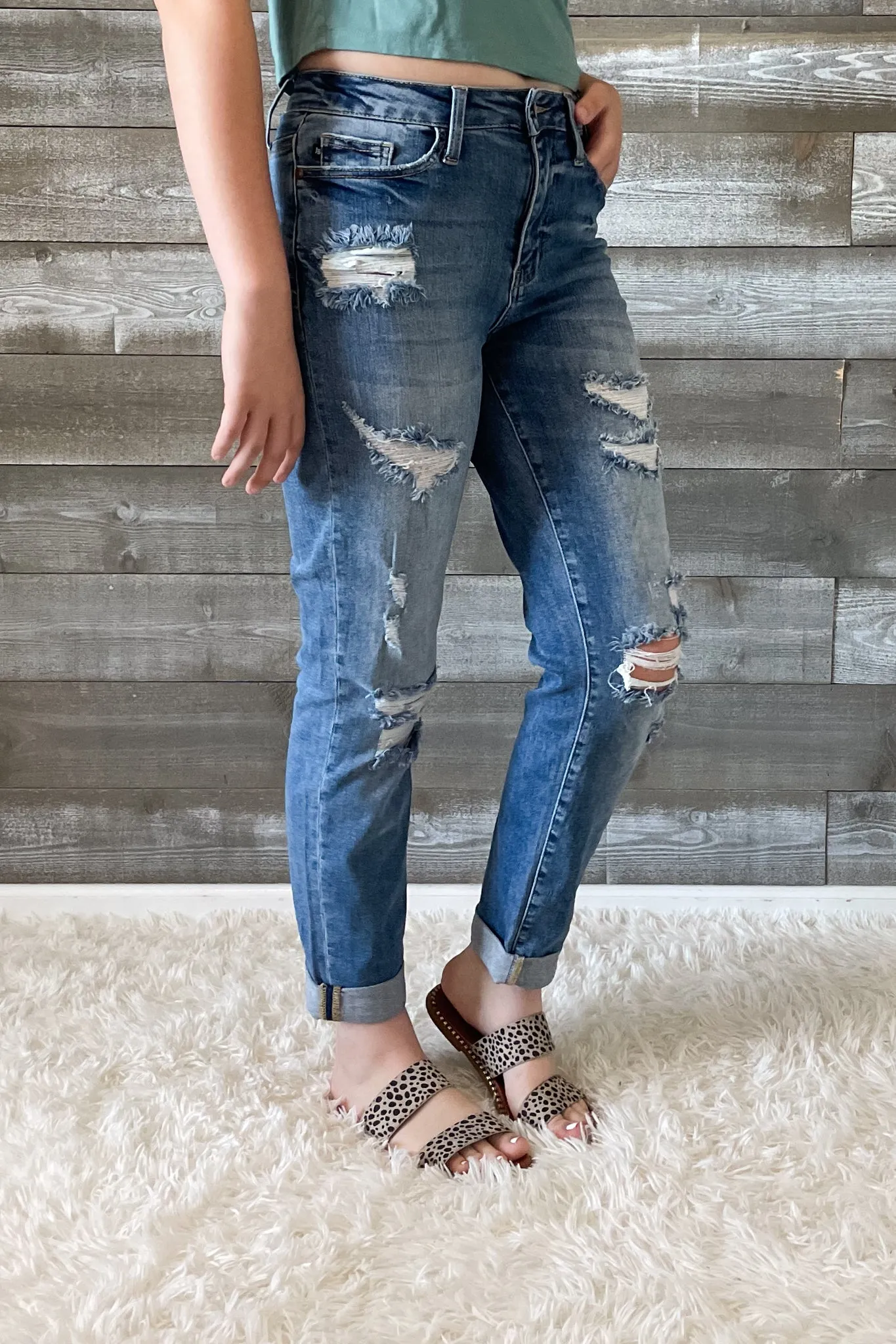 Judy Blue High Waist Cuffed Boyfriend Destroyed Jeans