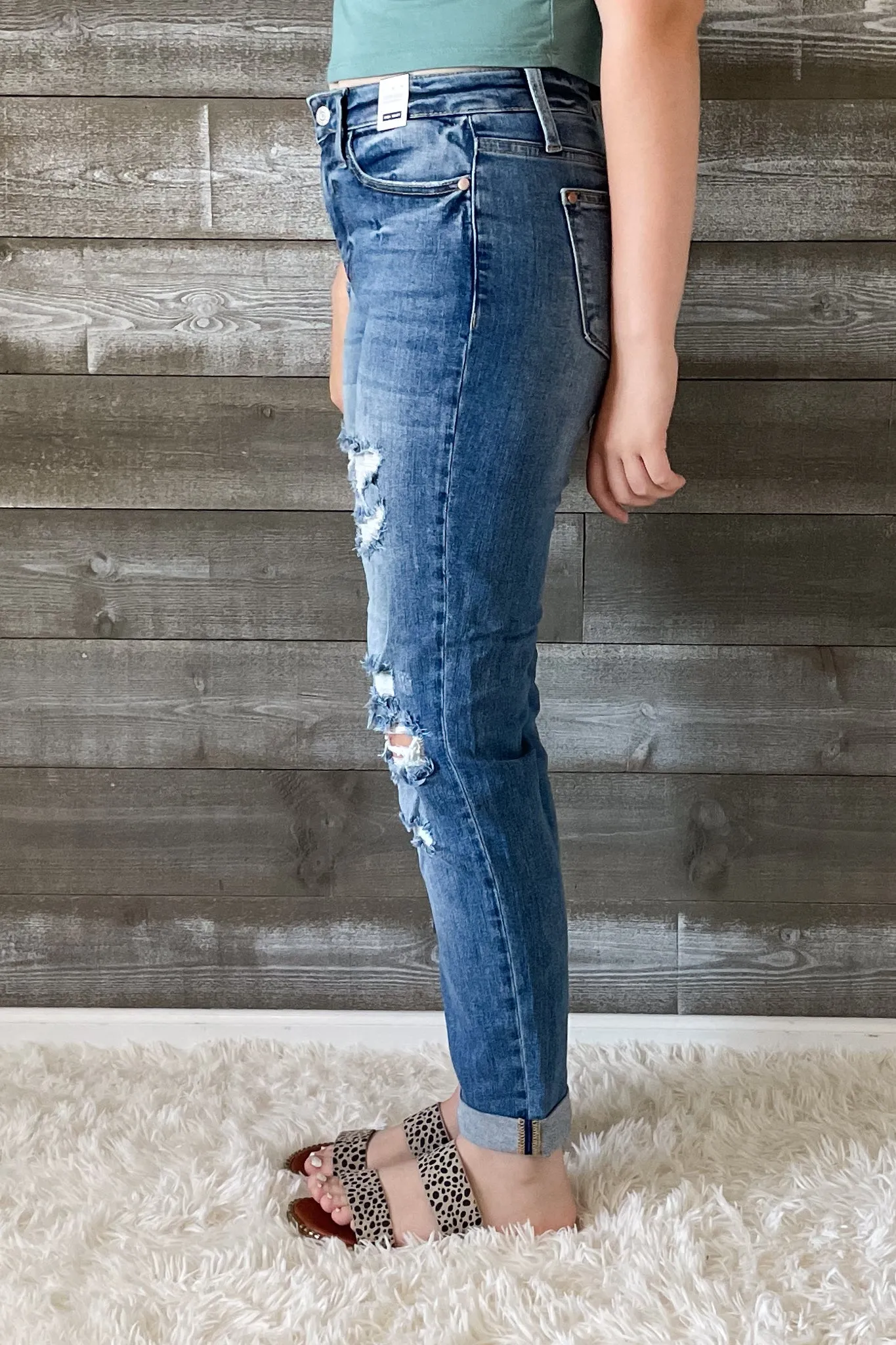 Judy Blue High Waist Cuffed Boyfriend Destroyed Jeans
