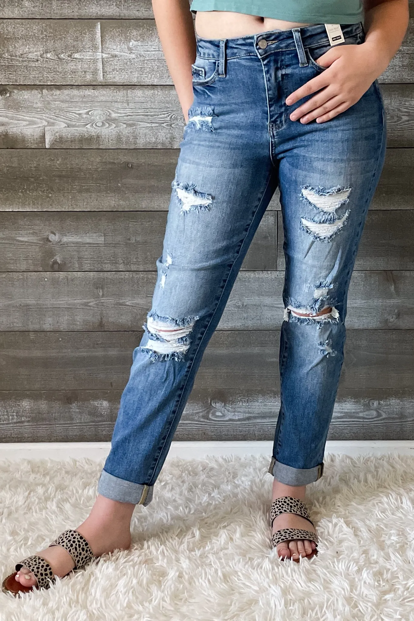 Judy Blue High Waist Cuffed Boyfriend Destroyed Jeans