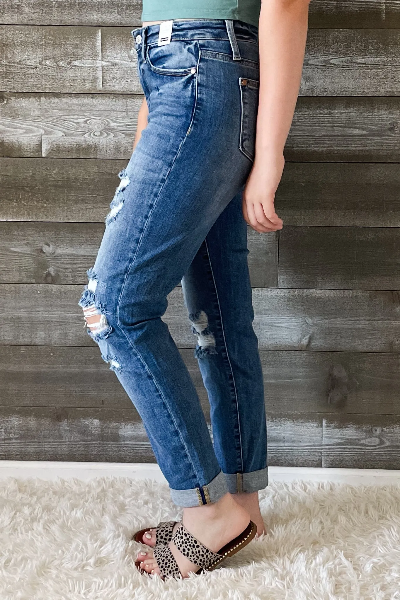 Judy Blue High Waist Cuffed Boyfriend Destroyed Jeans