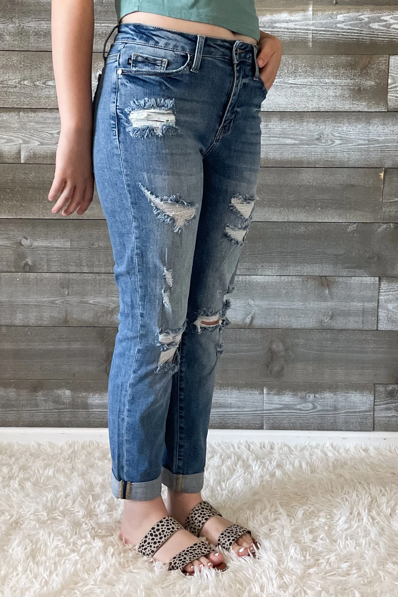 Judy Blue High Waist Cuffed Boyfriend Destroyed Jeans