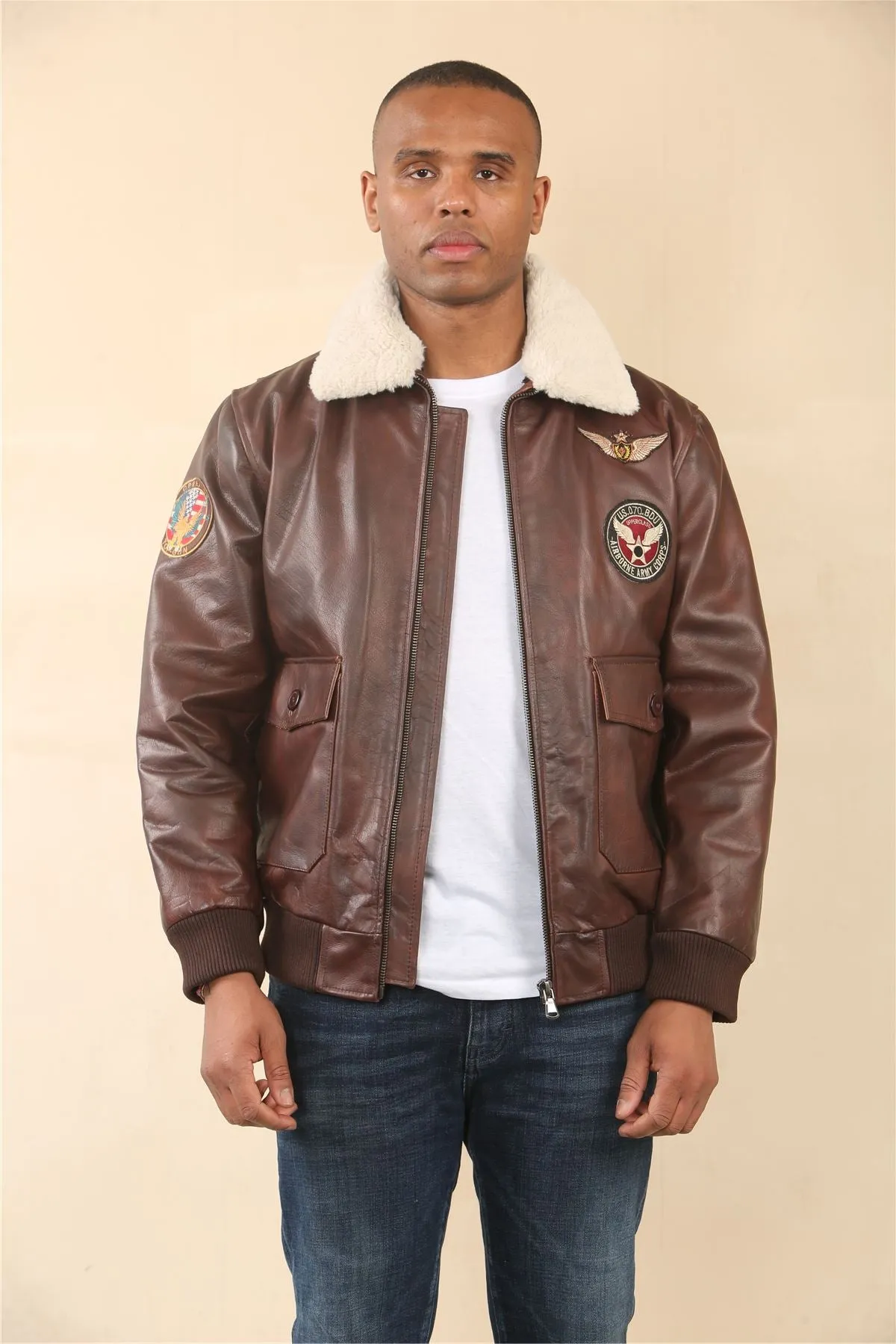 Men's Brown Cowhide Aviator Bomber Leather Jacket