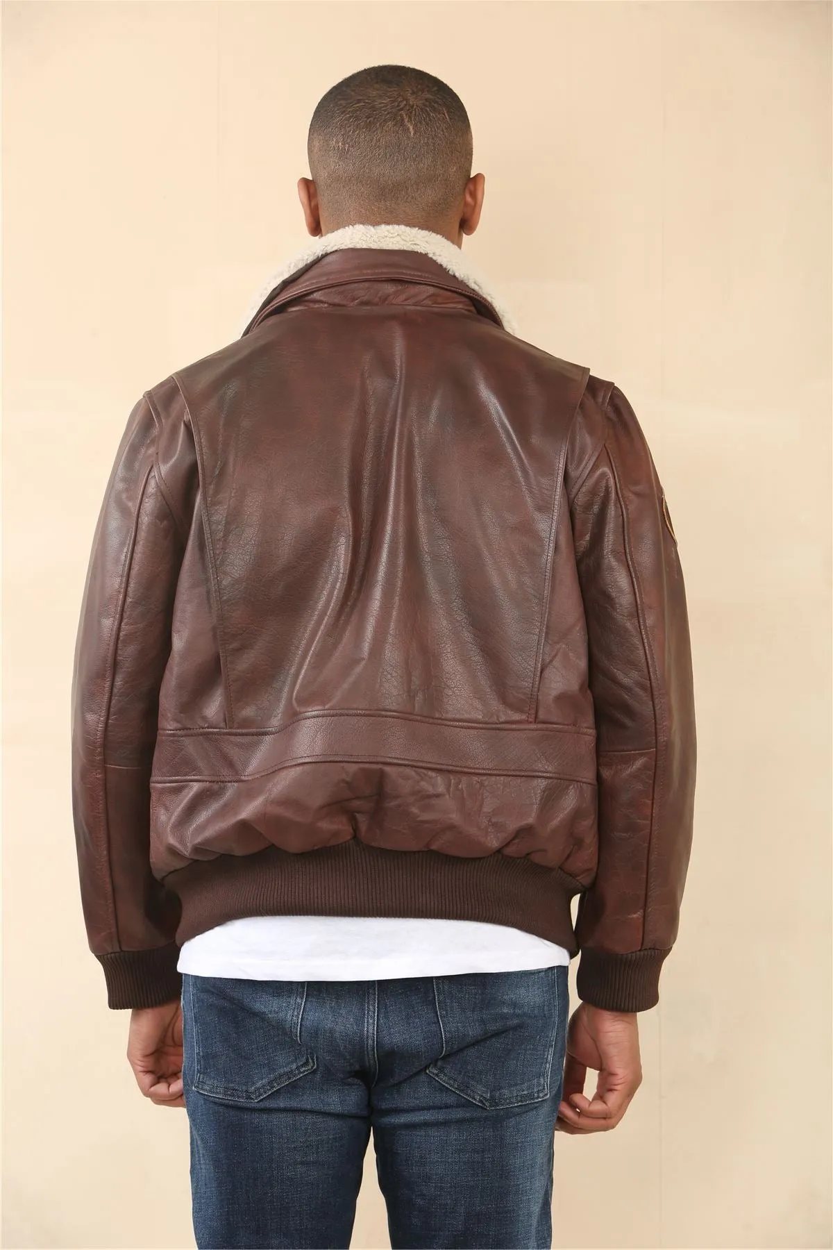 Men's Brown Cowhide Aviator Bomber Leather Jacket