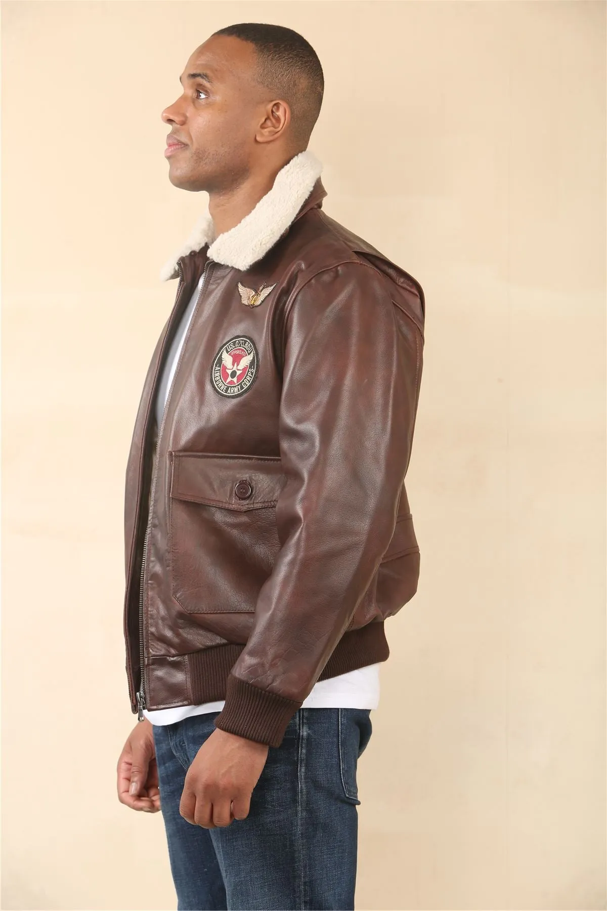 Men's Brown Cowhide Aviator Bomber Leather Jacket