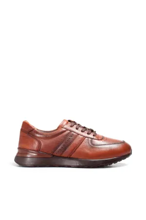 Men's Brown Leather Casual Sneakers with Perforated Detailing - Wessi