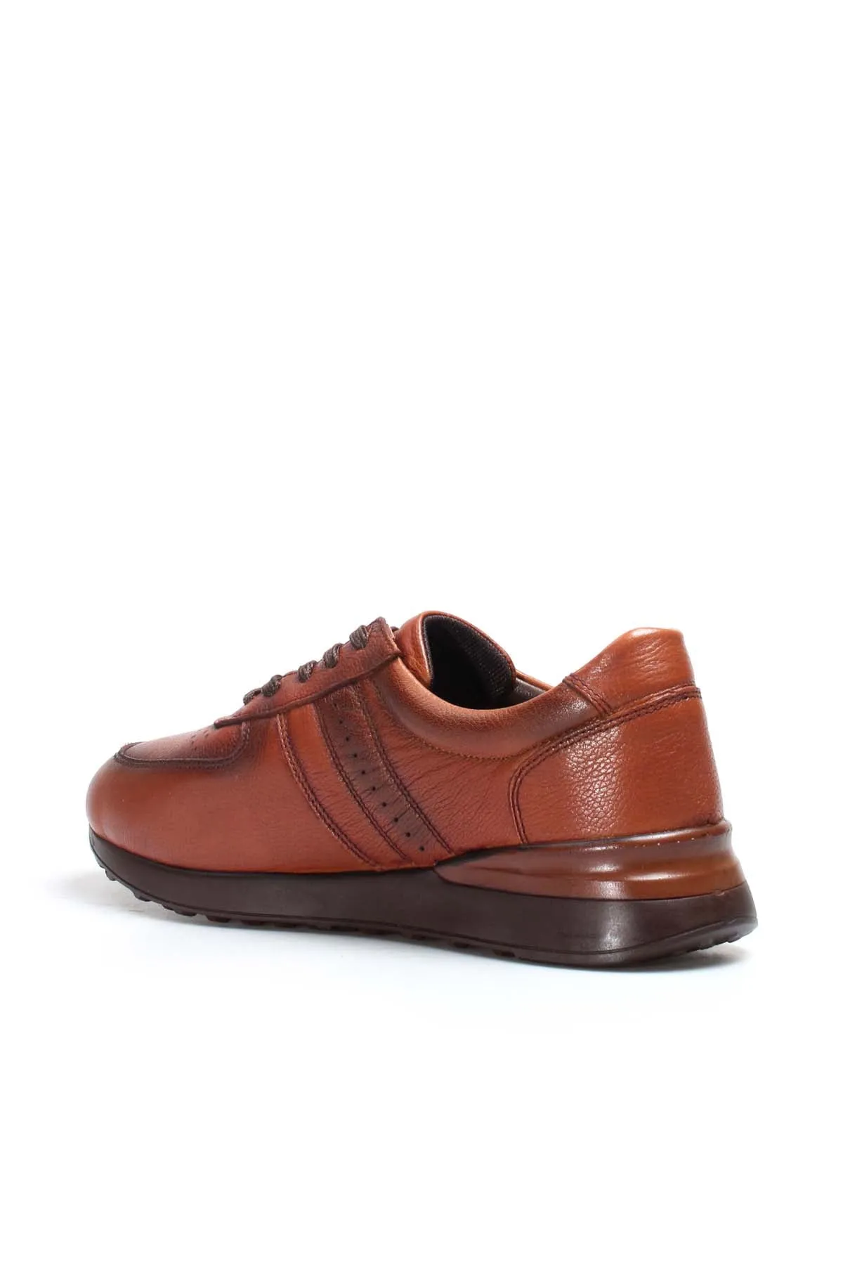 Men's Brown Leather Casual Sneakers with Perforated Detailing - Wessi