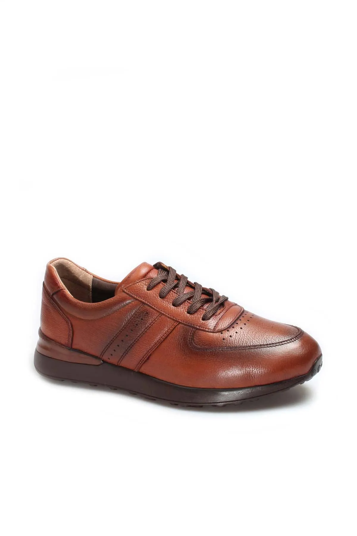 Men's Brown Leather Casual Sneakers with Perforated Detailing - Wessi