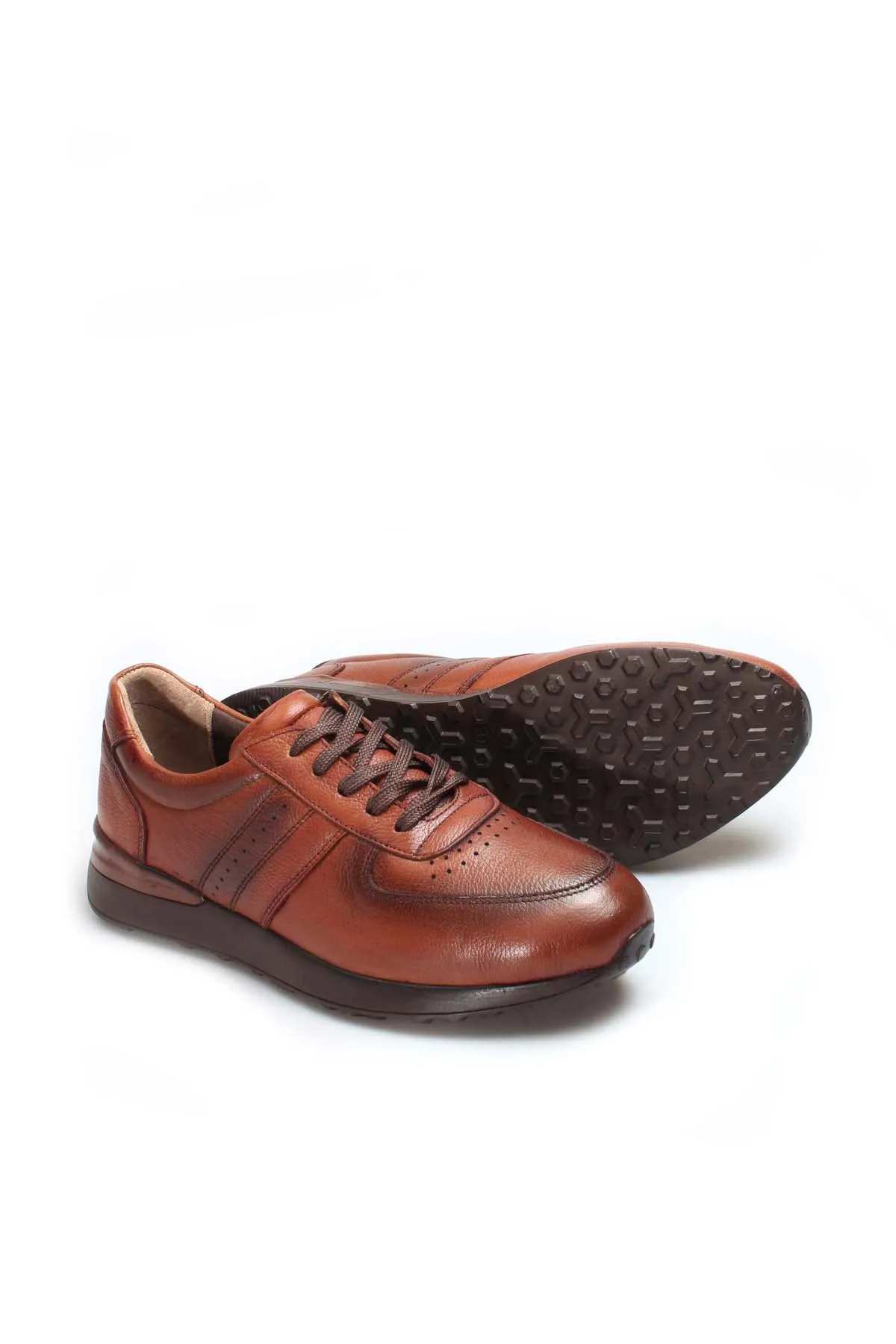 Men's Brown Leather Casual Sneakers with Perforated Detailing - Wessi
