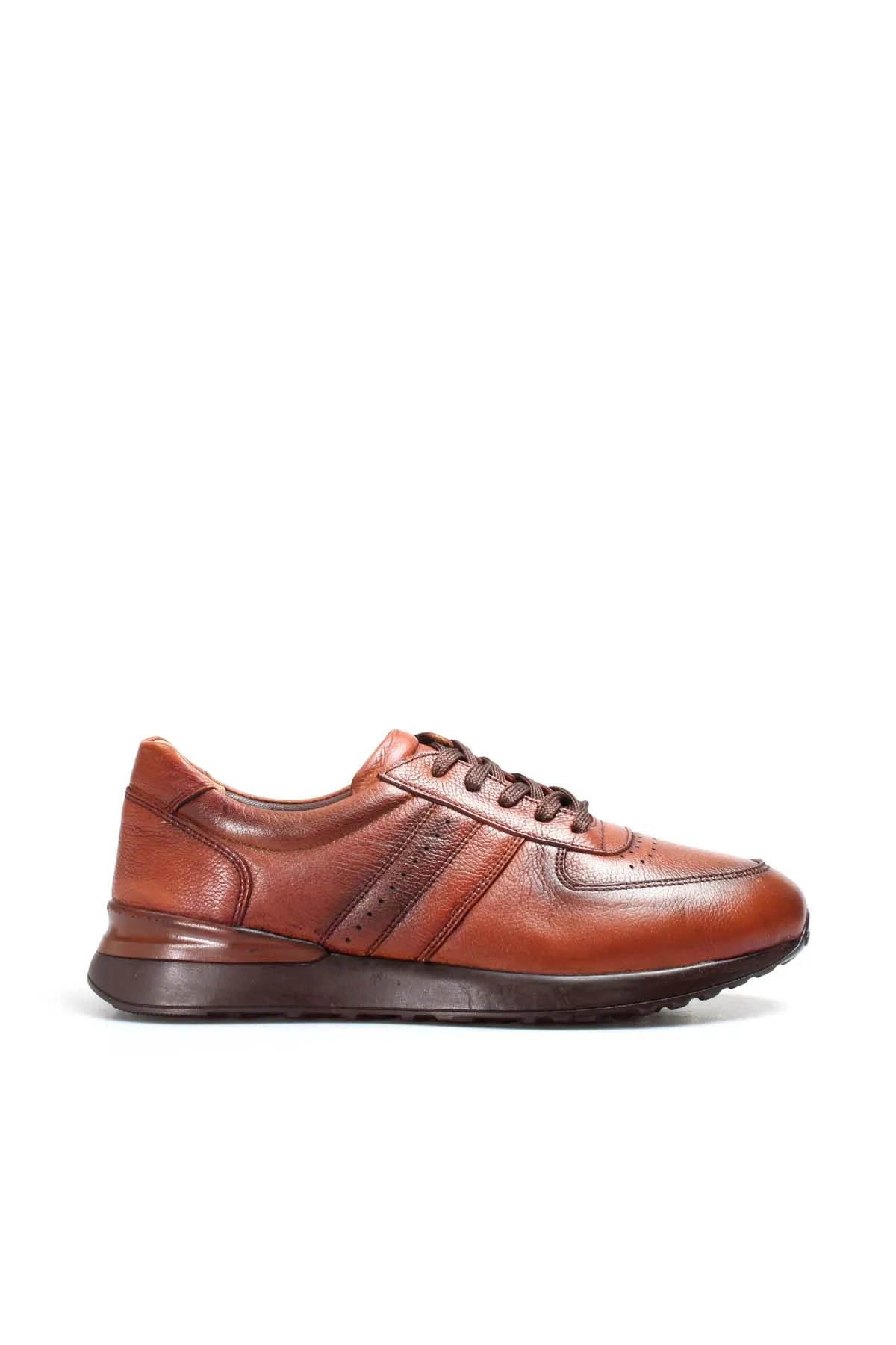 Men's Brown Leather Casual Sneakers with Perforated Detailing - Wessi