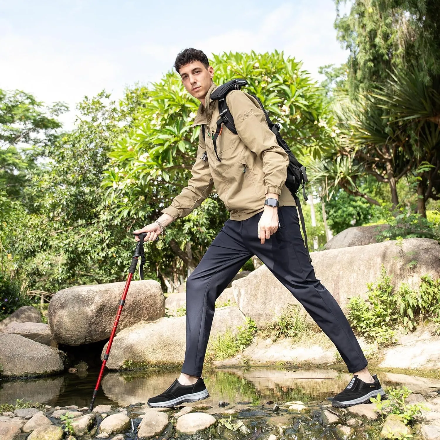 Men's Hands Free Slip in Loafers Walking Shoes for Men Slip on Leather Casual Comfortable Breathable Hiking Working All-Terrain Ankle Boots Trekking
