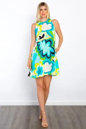 Mod Floral Sleeveless Mini Dress with Pockets in Blue Green
